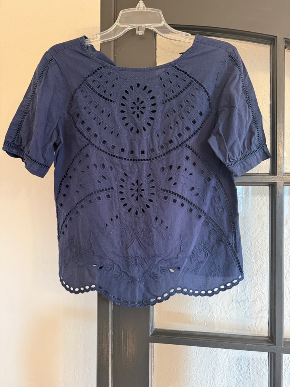 Cynthia Rowley Navy Eyelet Embroidered Short-Sleeve Blouse